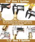 Multiple views of Gas Y Splitter For Propane Hoses With Brass 2 Way Tee Quick Connect Adapters, including size measurements.