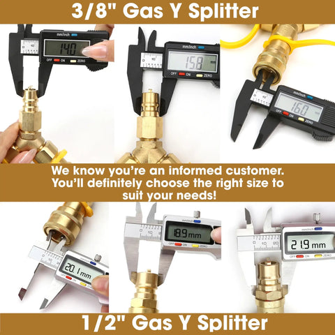 Multiple views of Gas Y Splitter For Propane Hoses With Brass 2 Way Tee Quick Connect Adapters, including size measurements.