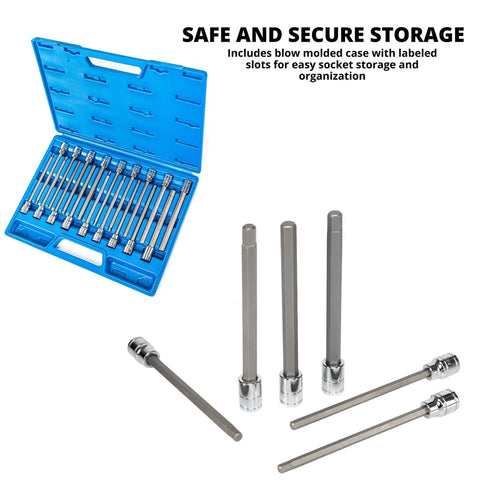 Extra Long Hex Bit Socket Set For Three Eighths Inch Drive, Thirty Two Piece SAE And Metric Allen Bits in blue storage case
