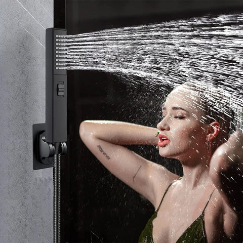 8 Inch Rain Shower Head With 2 In 1 Handheld Sprayer, woman enjoying high-pressure spray in a matte black finish, easy install