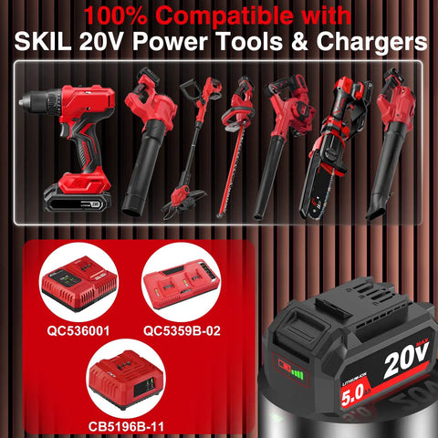 Heavy Duty 2 Pack 5000mAh 5.0Ah Replacement Battery Oem For Skil 20V Power Tools Lithium Ion with various tools.