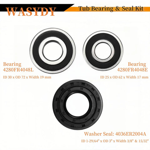 Heavy Duty Front Load Washer Tub Bearing And Seal Kit Replacement with two bearings and washer seal display.