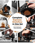 Solid Gold 58 Mm Espresso Toolkit Designed For Home Baristas featuring workflow steps for collecting grounds and extraction.