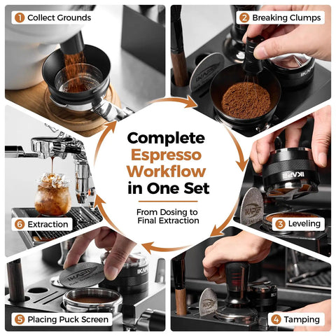 Solid Gold 58 Mm Espresso Toolkit Designed For Home Baristas featuring workflow steps for collecting grounds and extraction.
