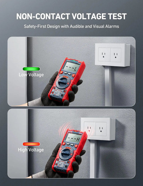True RMS 6000 Counts Auto Ranging Digital Multimeter demonstrating non-contact voltage testing on an outlet