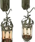 Crown Royale Hanging Pendant Lanterns Set Of Two Hand Crafted Verdigris Bronze Metalwork for Indoor or Outdoor Decor, shown with bracket