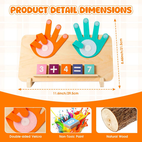 Super Slick Wooden Number Blocks And Finger Counting Board For Preschool Toddlers, colorful hand shapes, math equation display.