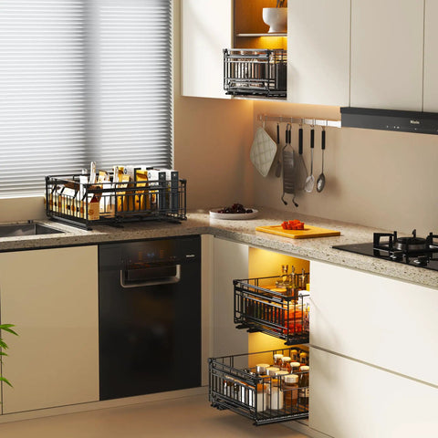 Kick Pantry Chaos To The Curb With This 2 Pack Expandable Pull Out Cabinet Organizer Built For Deep Drawers featuring black metal baskets filled with jars in a modern kitchen.