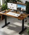 Cool Electric Standing Desk With Smooth Memory Height Presets And Quiet Motor For Big Load Lifts Dual Organizer Hooks Steel Frame in an ergonomic home office setting.