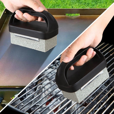 Ultimate Griddle Cleaning Kit For Flat Top Grill 18 Piece Cleaner Set With Scraper Heat Resistant Silicone Spatula Mat Hanger Grill Brick And Scouring Pads To Help Your Surface Shine Fast showing grill brick in use on flat top and BBQ grill.