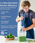 Heavy Duty Commercial Immersion Blender With 500 Watt Motor And 16 Inch Stainless Steel Shaft For Restaurants Handling Thick Soups And Creamy Sauces NSF Certified blending soup in a container.