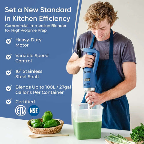 Heavy Duty Commercial Immersion Blender With 500 Watt Motor And 16 Inch Stainless Steel Shaft For Restaurants Handling Thick Soups And Creamy Sauces NSF Certified blending soup in a container.