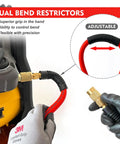 Three Eighths Inch By Six Foot Lead-In Air Hose For Compressors With Heavy-Duty Lightweight Flexible Kink-Resistant Whip Hose And Quarter Inch Industrial Brass Fittings Red 300 PSI attached to compressor