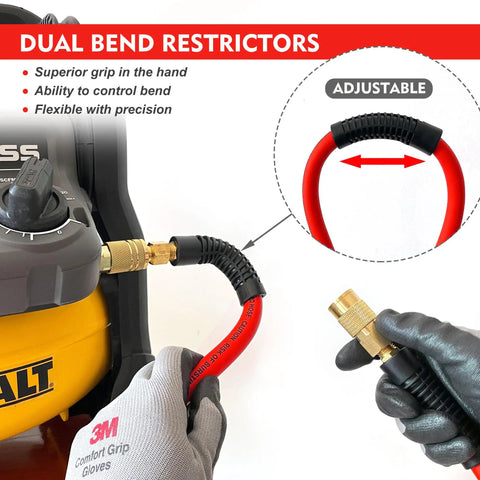 Three Eighths Inch By Six Foot Lead-In Air Hose For Compressors With Heavy-Duty Lightweight Flexible Kink-Resistant Whip Hose And Quarter Inch Industrial Brass Fittings Red 300 PSI attached to compressor