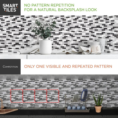 DIY Friendly Peel and Stick Backsplash Tiles, Four Sheet Pack, 11.56 in by 8.38 in Each, shown with natural and repeated patterns difference