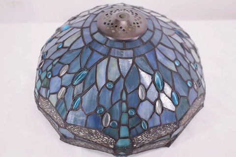 Top view of Sea Blue Stained Glass Dragonfly Tiffany Style Lampshade Replacement, 12 Inch Diameter X 6 Inch Height, Cap Included