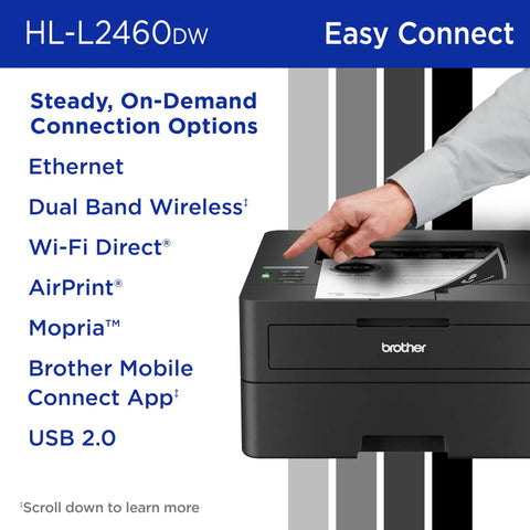 Wireless Compact Monochrome Laser Printer With Duplex Printing And Mobile Printing Black And White Output Alexa Compatible Includes Refresh Trial Budget Friendly For Home Offices And Small Teams with connectivity options displayed, front view.