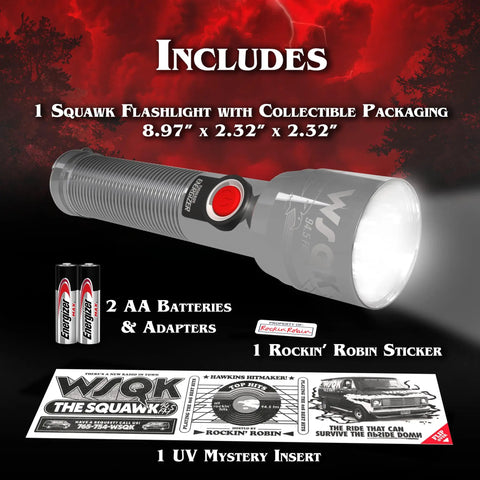 Stranger Things Demogorgon Hunting LED Flashlight Limited Edition Vintage Collectors Edition Batteries Included Two D Cell Batteries Long Lasting Light Up To 80 Hours package contents shown with flashlight, stickers, and batteries.