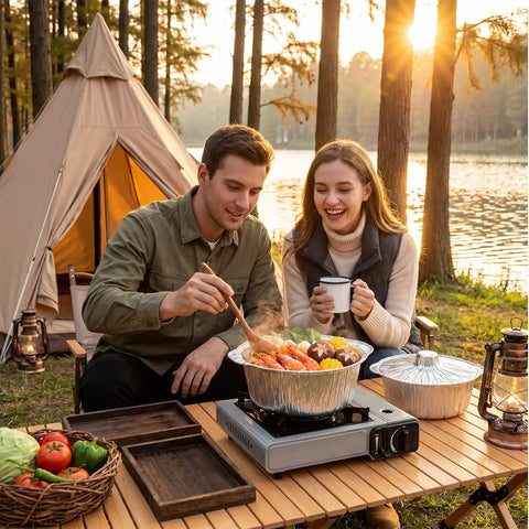 Couple cooking with 12 Pack Disposable Aluminum Pots With Lids Set For Camping And Travel Cooking by lake and tent.