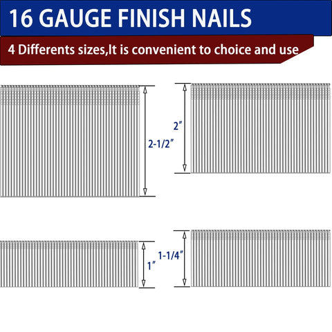 Top Shelf 16 Gauge Galvanized Finish Nails In Four Sizes From One To Two And Half Inches Corrosion Resistant Hardware 1200 Count Bulk Pack image showing various available nail sizes.