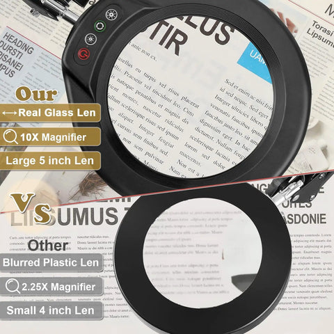 Real Glass 5 Inch Magnifying Glass With LED Light And Stand comparing lens size and material with blurred plastic lens option.