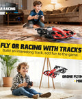 Kids playing with Dual Mode Mini Indoor Drone and Flying Car For Kids 8 12 with 24 Track Set 360 Flips Altitude Hold indoors.