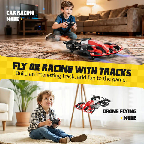 Kids playing with Dual Mode Mini Indoor Drone and Flying Car For Kids 8 12 with 24 Track Set 360 Flips Altitude Hold indoors.