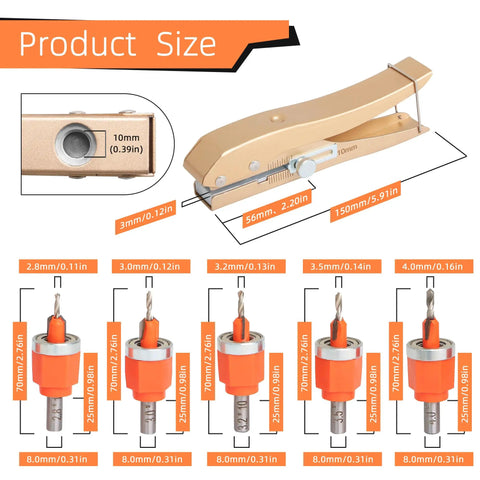Six Piece Adjustable Depth Countersink Drill Bit Set With Hole Punch for woodworking, showing tool sizes and dimensions.
