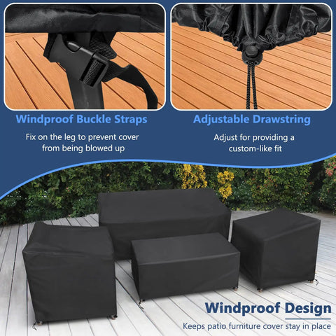 All Weather 4 Piece Outdoor Furniture Cover Set Waterproof 400D Heavy Duty Fits Couch Coffee Table And Two Chairs With Windproof Buckle Straps Black Protection on patio