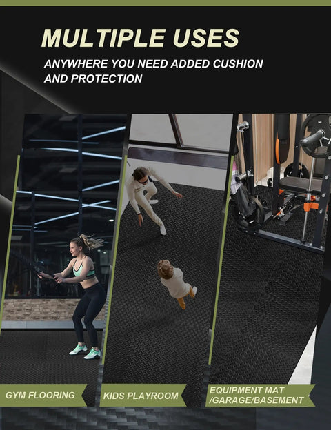 Interlocking Gym Floor Tiles 12 Pack Black Foam Mats For Home Gym And Garage, 23.6 By 23.6 Inch, Three Eighths Inch Thick shown in use