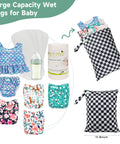 Leakproof Wet Dry Bag Set For Baby Gear 3 Pack Checkerboard Pattern with baby clothes and accessories, 15.7 x 11.8 inches.