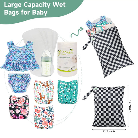 Leakproof Wet Dry Bag Set For Baby Gear 3 Pack Checkerboard Pattern with baby clothes and accessories, 15.7 x 11.8 inches.