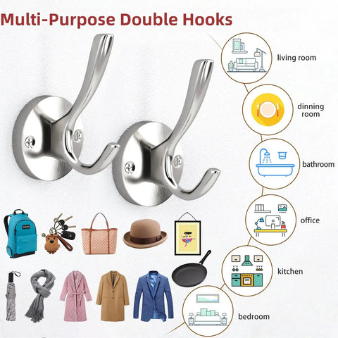 Heavy Duty Towel And Coat Hooks Two Pack In Brushed Nickel Wall Mounted Bathroom Hooks For Robes Hats Bags And Coats Sturdy 45 Lb Load Capacity Easy Screw In Mount Durable Alloy Construction