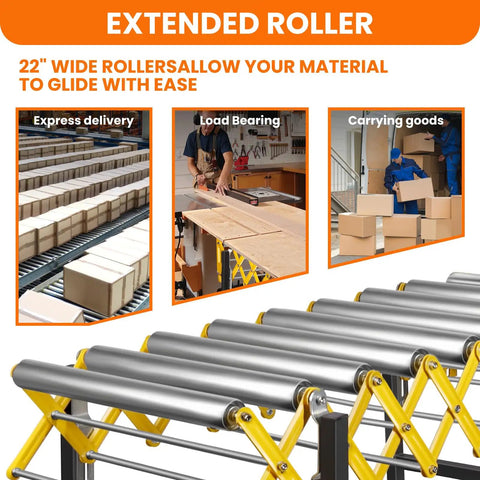 Heavy Duty Commercial Expandable Roller Stand With 700 Lbs Capacity, adjustable rollers for smooth material handling in workshop.