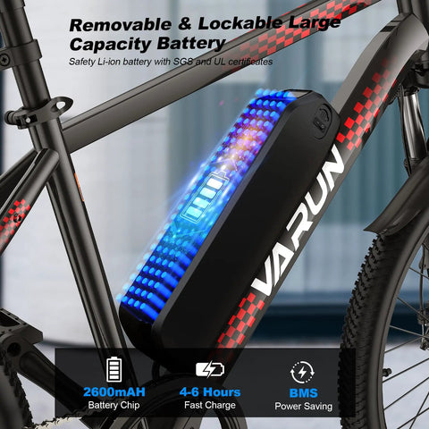Close-up of 500W Peak Power Ebike For Adults With 20 MPH Top Speed And 40 Mile Range, featuring removable battery on bike frame.