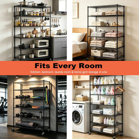 Heavy Duty 6 Tier Wire Shelving Rack On Wheels NSF Certified Steel Shelves With 2100Lbs Capacity Adjustable Height Beefy Construction Built To Last Ideal For Closet Pantry Basement 18x45x82 Inches Black in kitchen storage use