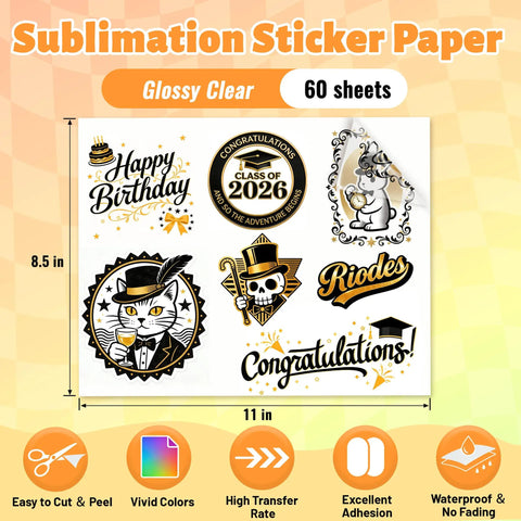 60 Sheets Sublimation Sticker Paper 8.5x11 Glossy Transparent Waterproof Vinyl For Inkjet Printers And Heat Press No White Border