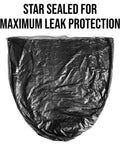 Heavy Duty 56 Gallon Black Trash Bags 100 Count Beefy Extra Thick 1.5 Mil Puncture Resistant Liners shown with star seal for leak protection.