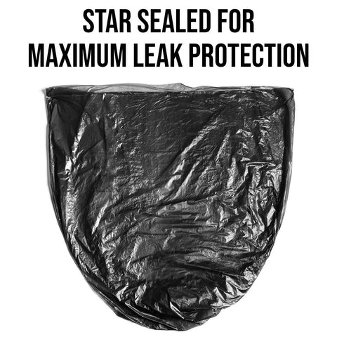 Heavy Duty 56 Gallon Black Trash Bags 100 Count Beefy Extra Thick 1.5 Mil Puncture Resistant Liners shown with star seal for leak protection.