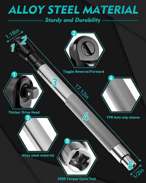 Offset Extension Wrench For Drill One Half Inch Ratchet Extender with alloy steel, toggle, and smooth grip for tight spaces.