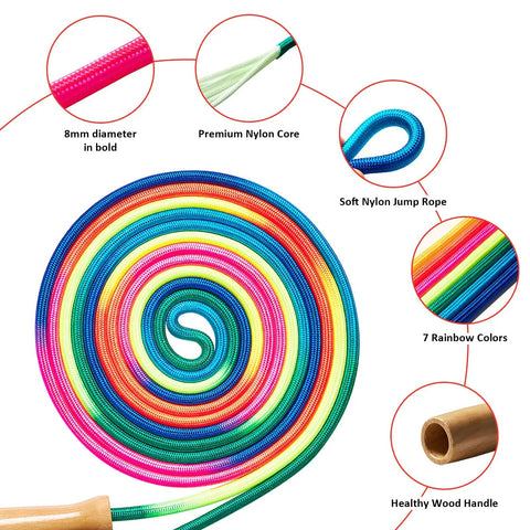 Close-up of Rainbow Double Dutch Jump Rope Set Two Pack 16 Foot Long Jump Rope For Kids And Adults with 8mm diameter and wooden handle.