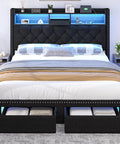 Modern Queen Bed Frame With Hidden Storage Drawers Led Lights And Usb Charging Port Linen Upholstered Platform Base close-up view