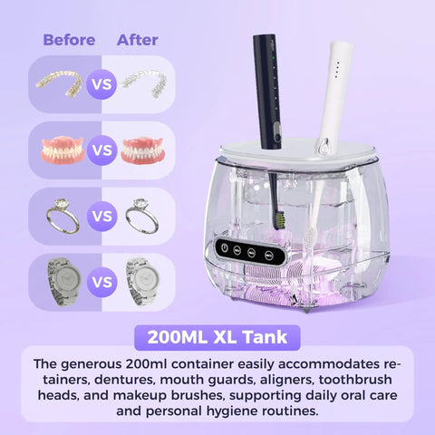 Ultrasonic Retainer Cleaner With 45kHz Power And Four UV Lights, Rechargeable W200 Model, with 200ml XL tank display.