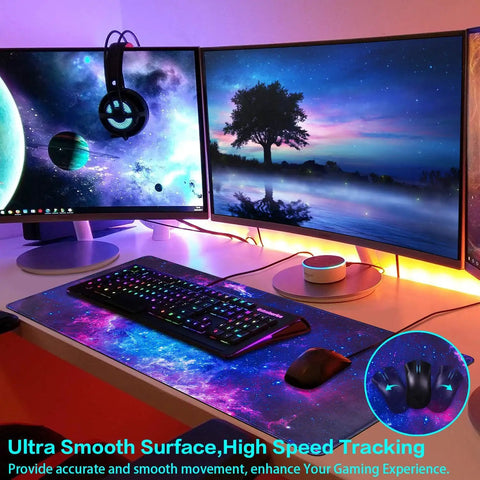 Huge Extended Gaming Mouse Pad Monster Size 31.5 By 15.7 Inches Full Desk Mat For Keyboard And Mouse Non Slip Rubber Base Ultra Wide Desk Pad For Gaming And Office Use shown with keyboard and monitors on desk