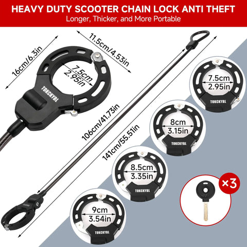 Beefy 140 Cm Anti Theft Cable Lock With Scooter Bag 13 Mm Chain Weatherproof Anti Shear Anti Rust With 3 Keys For Electric Scooters Bikes And Motorcycles Plus Heavy Duty Security Bolt Cutter Resistant Hardened Alloy Steel Construction