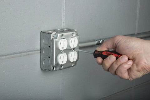 Person using 12 Piece Combination Screwdriver Set With Grippy Overmolded Handles Vapor Blasted Tips For Durability Matte Finish
