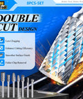 Front view of 8pc carbide burr set with 1/4'' shank, double-cut tungsten carbide rotary files for die grinder
