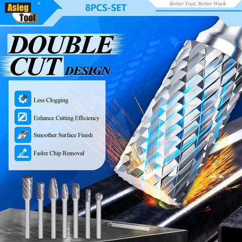 Front view of 8pc carbide burr set with 1/4'' shank, double-cut tungsten carbide rotary files for die grinder