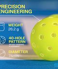 Close-up of Hardcourt Pickleball Balls with Storage Tube USAP Approved, highlighting 40-hole pattern and weight, ideal for precision play.