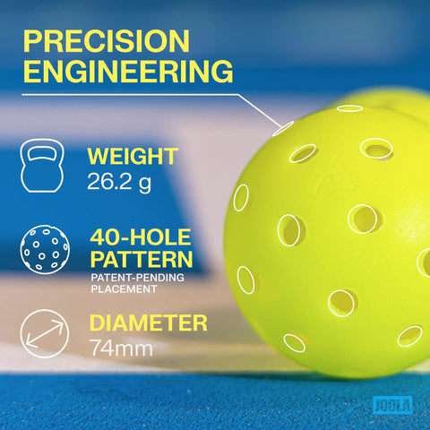 Close-up of Hardcourt Pickleball Balls with Storage Tube USAP Approved, highlighting 40-hole pattern and weight, ideal for precision play.